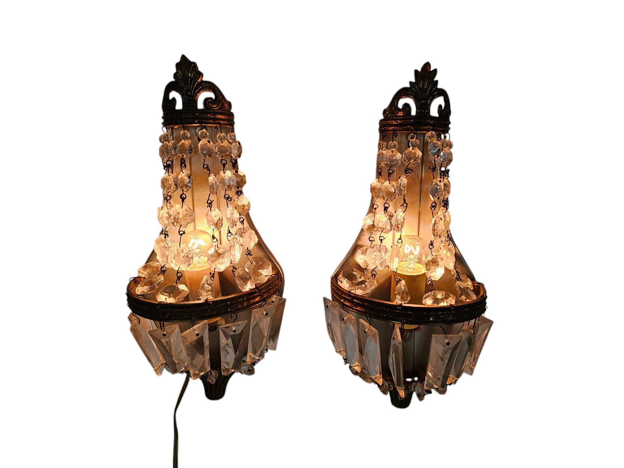 2 wall lamps - gold plated - crystal - 60's