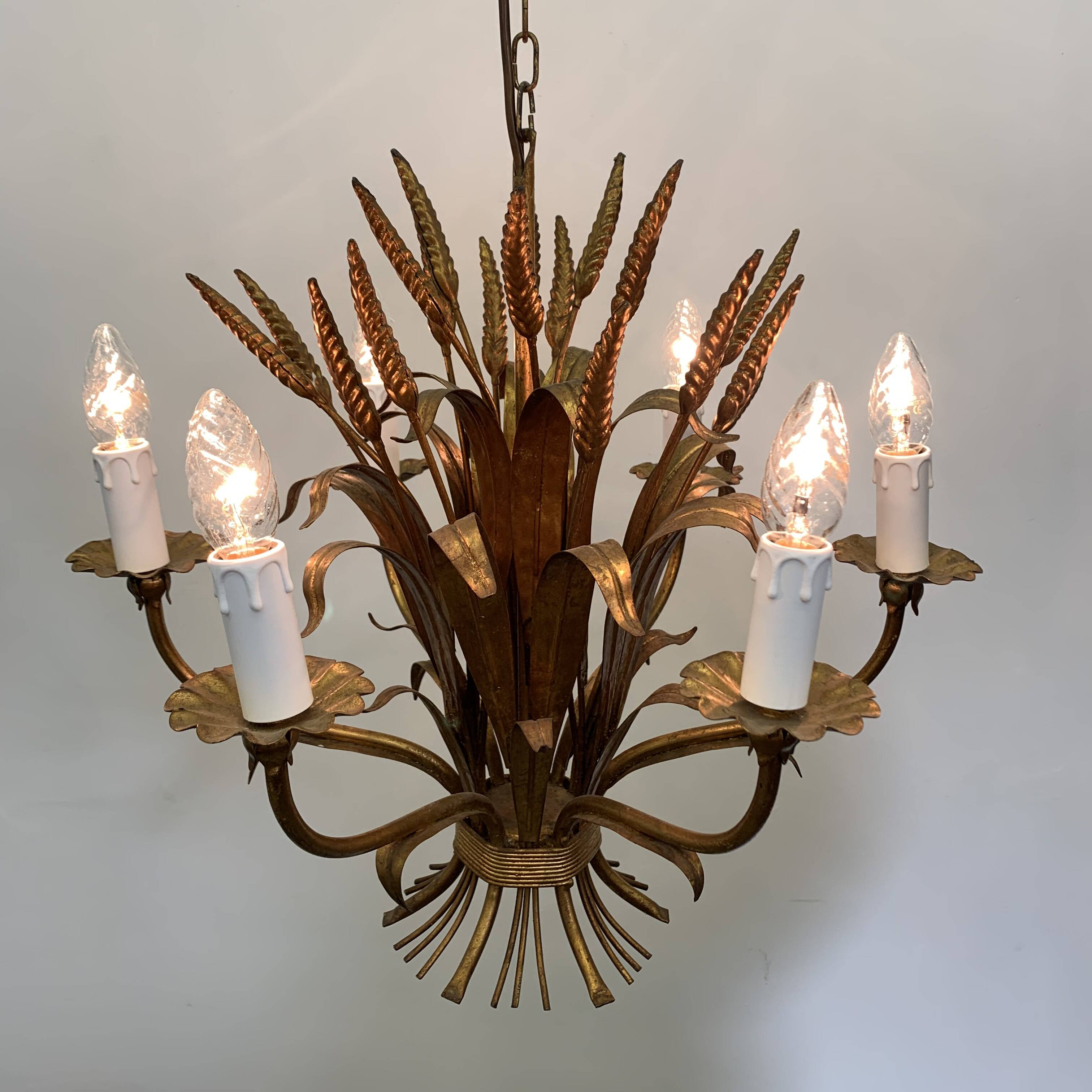 Large wheat sheaf leaf gold gilt chandelier, 1960’s