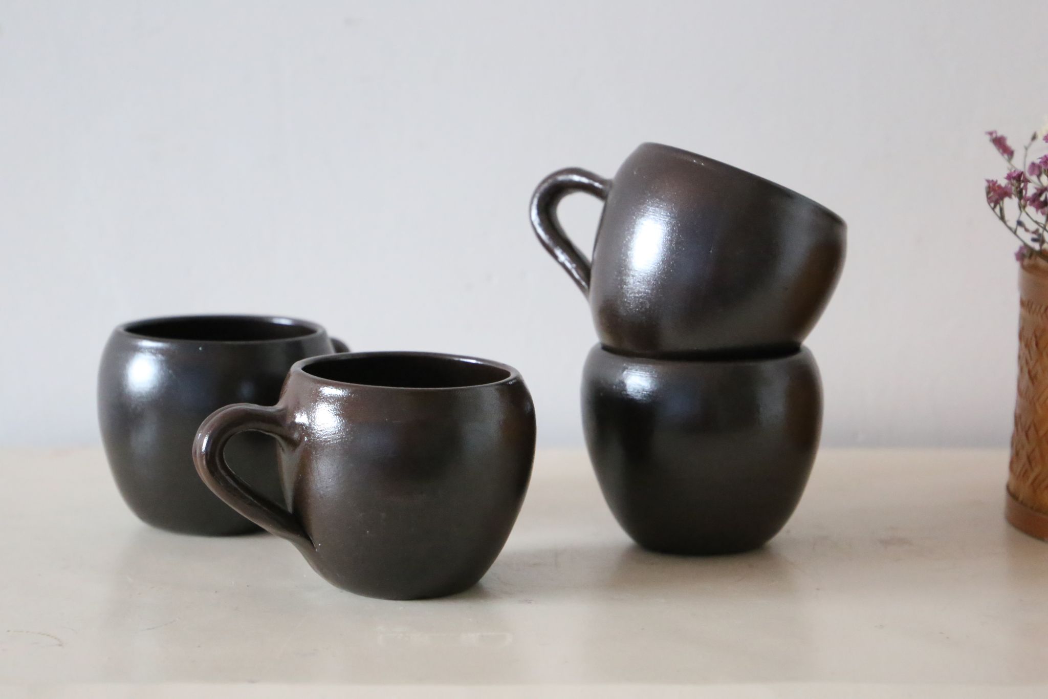 Set of 4 cups of sandstone, handmade pottery, vintage, 1980