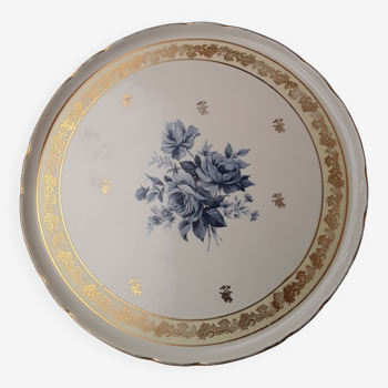 Plat à tarte porcelaine blanche décor bleu et doré