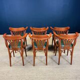Set of 6 bistro armchairs in Plamette and green skai from the 80s France