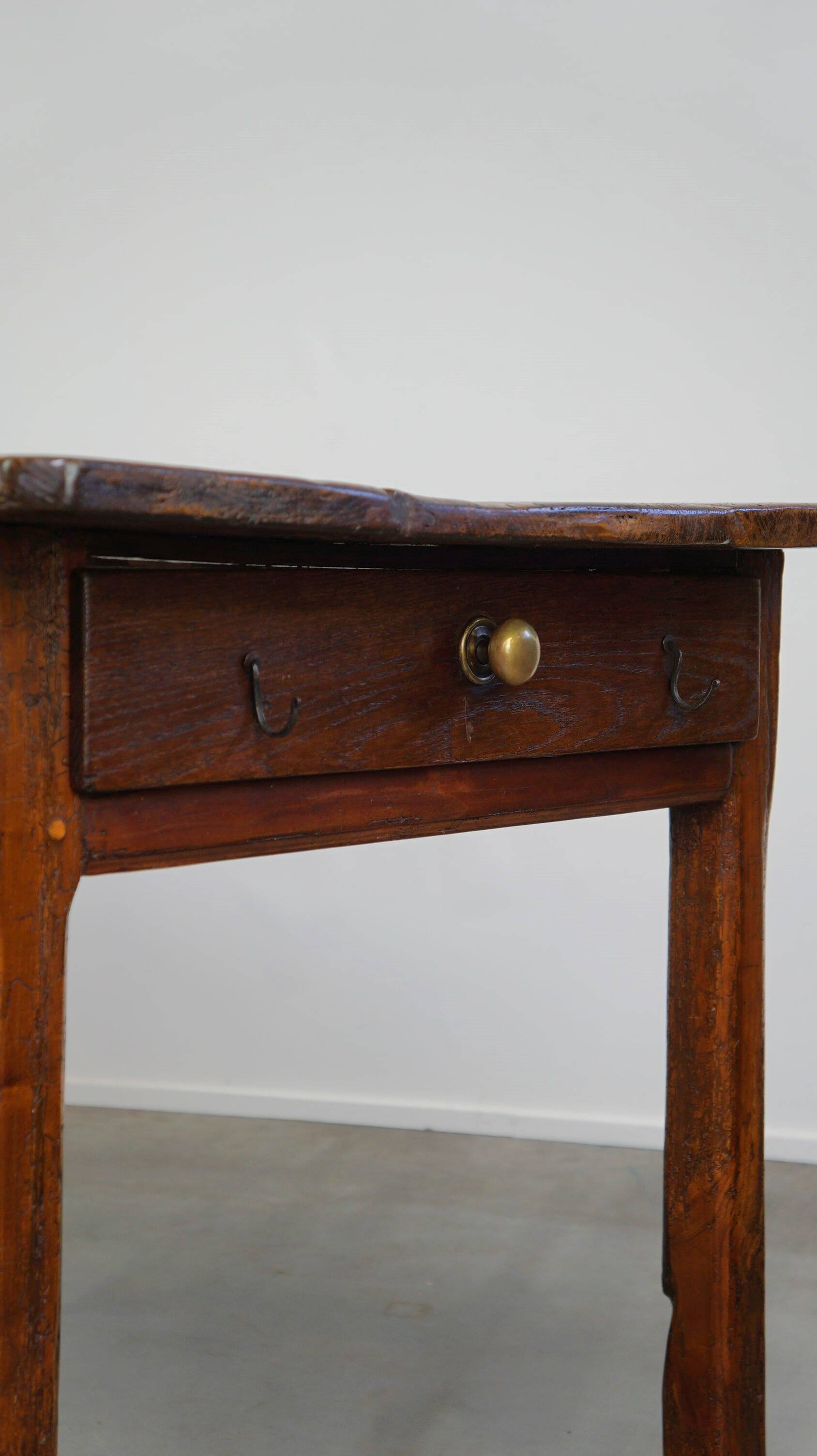 Beautiful antique French dining table with perfect dimensions and handy hooks