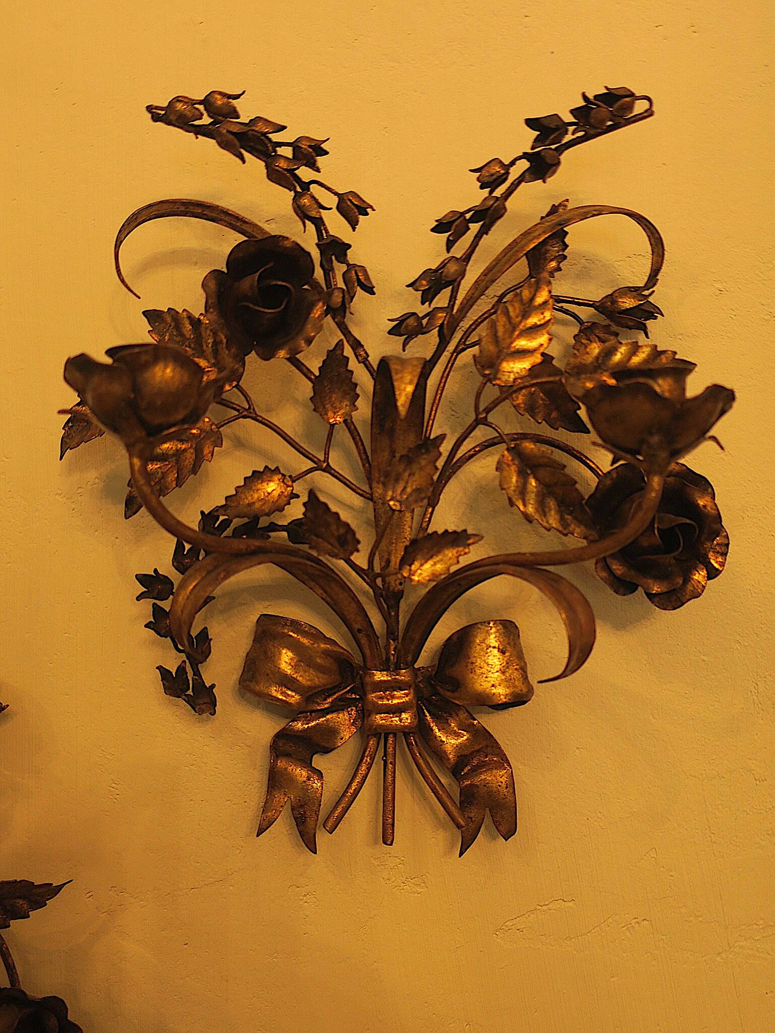Pair of gold plated wall double candleholders with roses by Hans Kögl, 1960