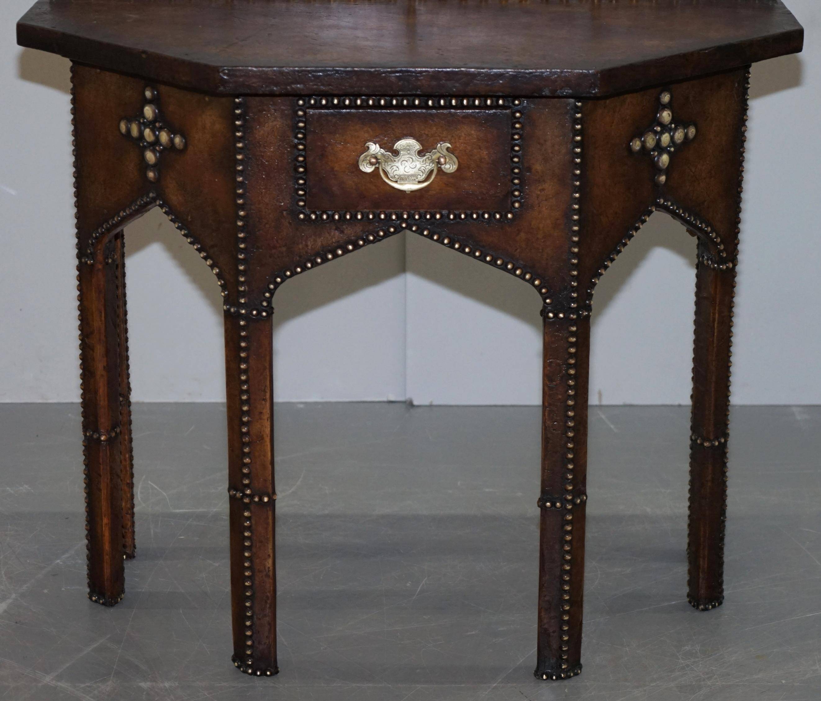 Antique Leather Studded Console Table in Gothic Pugin Style Restored