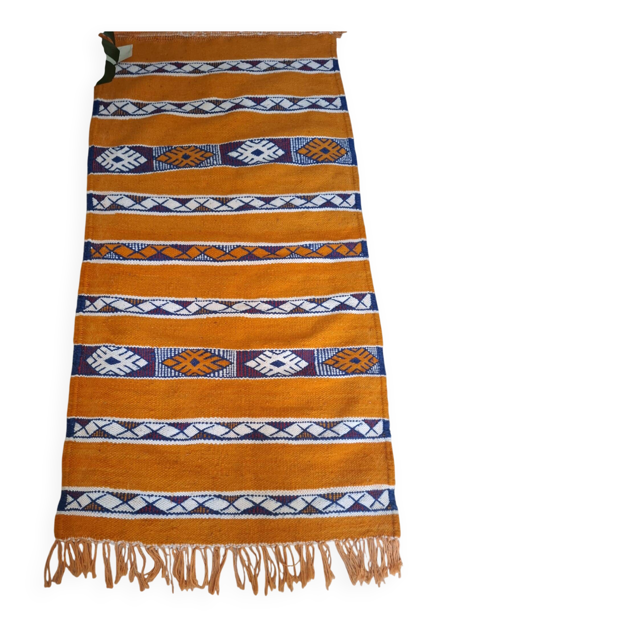 Berber Kilim Ochre & Indigo Blue – Flat Weave Hanbel – 70 cm / 140 cm