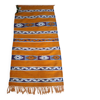 Berber Kilim Ochre & Indigo Blue – Flat Weave Hanbel – 70 cm / 140 cm