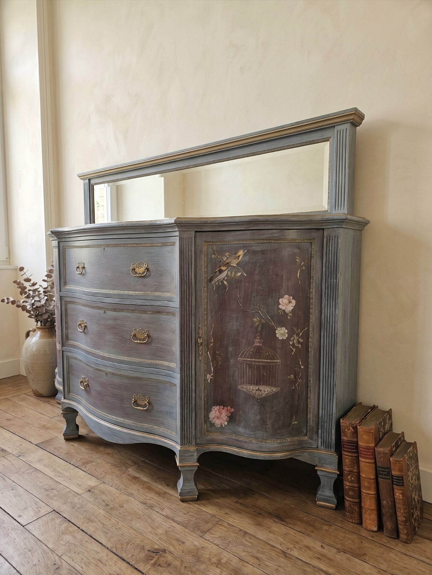 Antique English wooden commode with mirror.