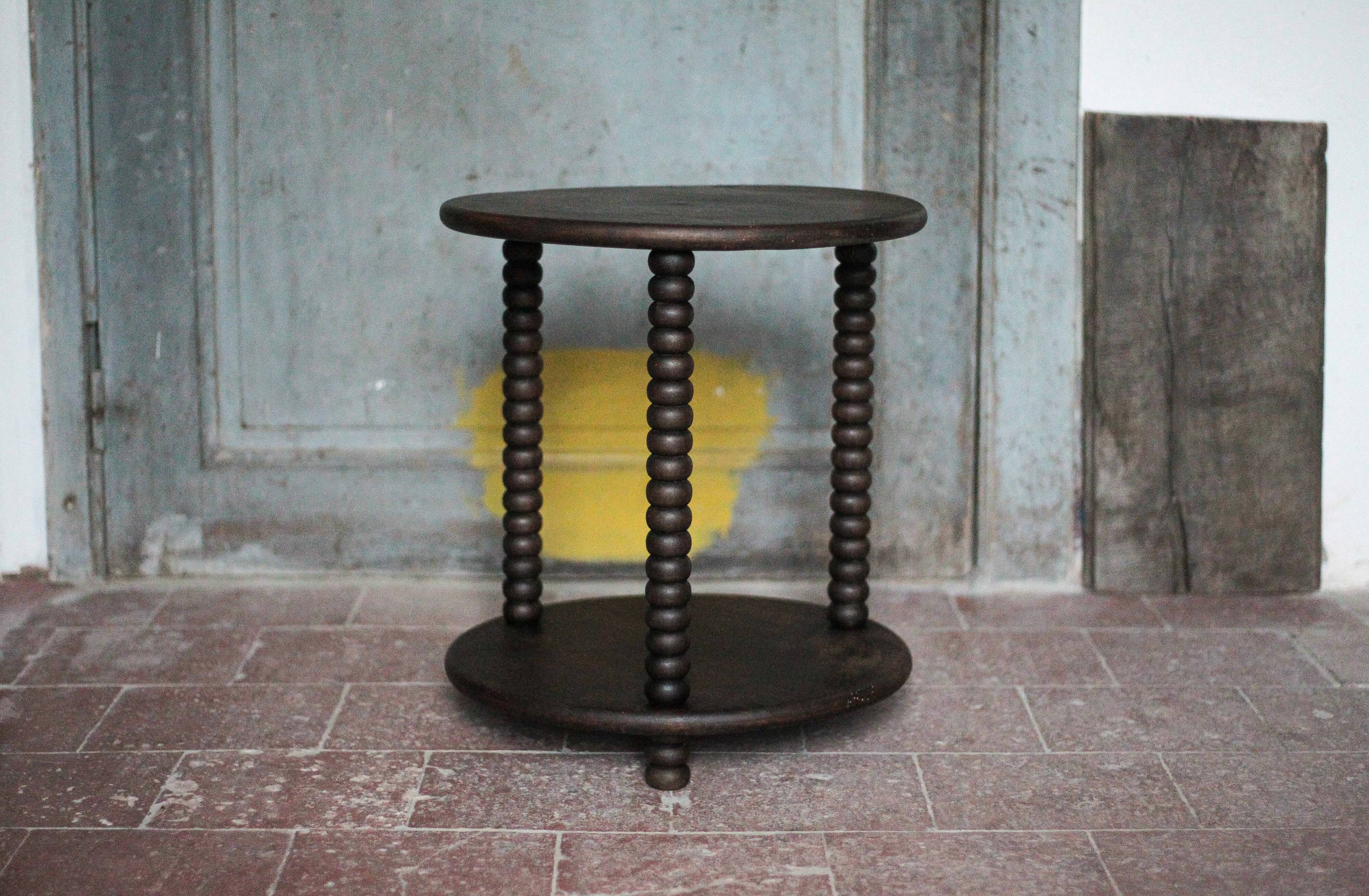 Turned wood coffee table, wooden side table, bedside table.