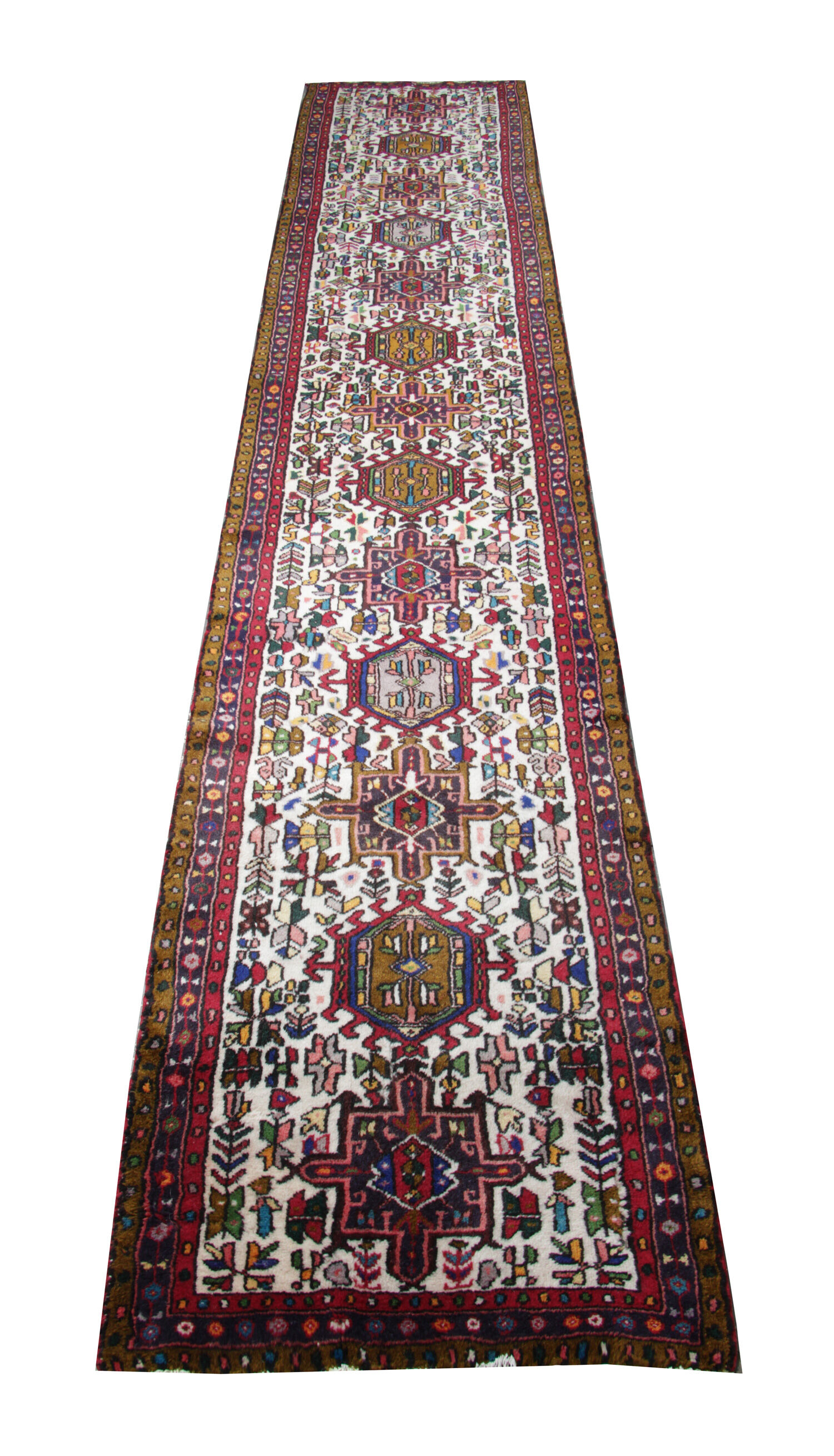 Vintage Persian Runer Rug Ivory Geometric Traditional Tribal Carpet - 80x442cm