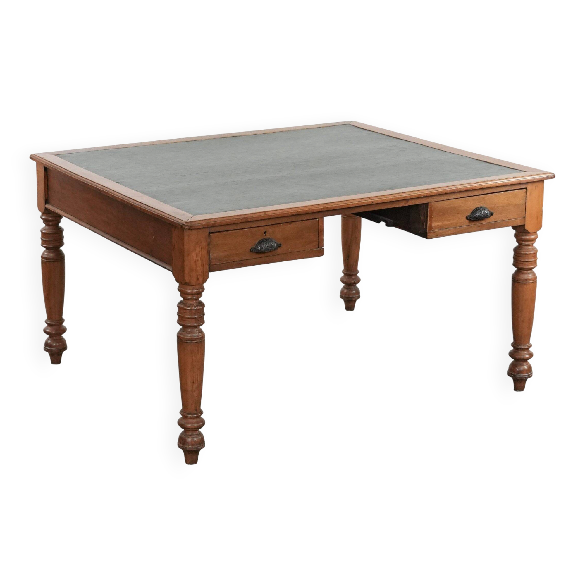 Antique writing table / partner desk with 4 drawers and a green leather top