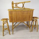Vintage rattan bar and stools
