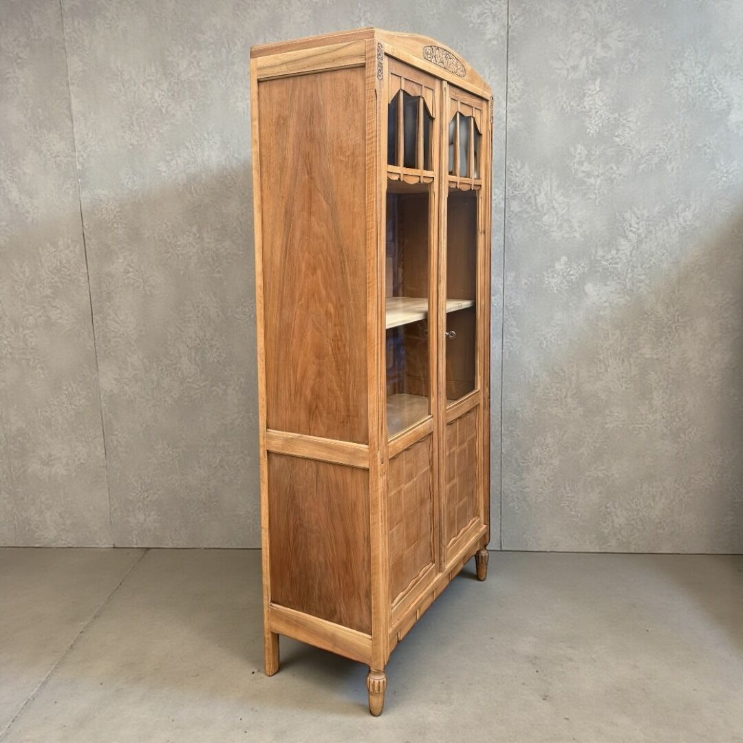 Parisian glass-fronted Art Deco wardrobe in solid raw walnut.