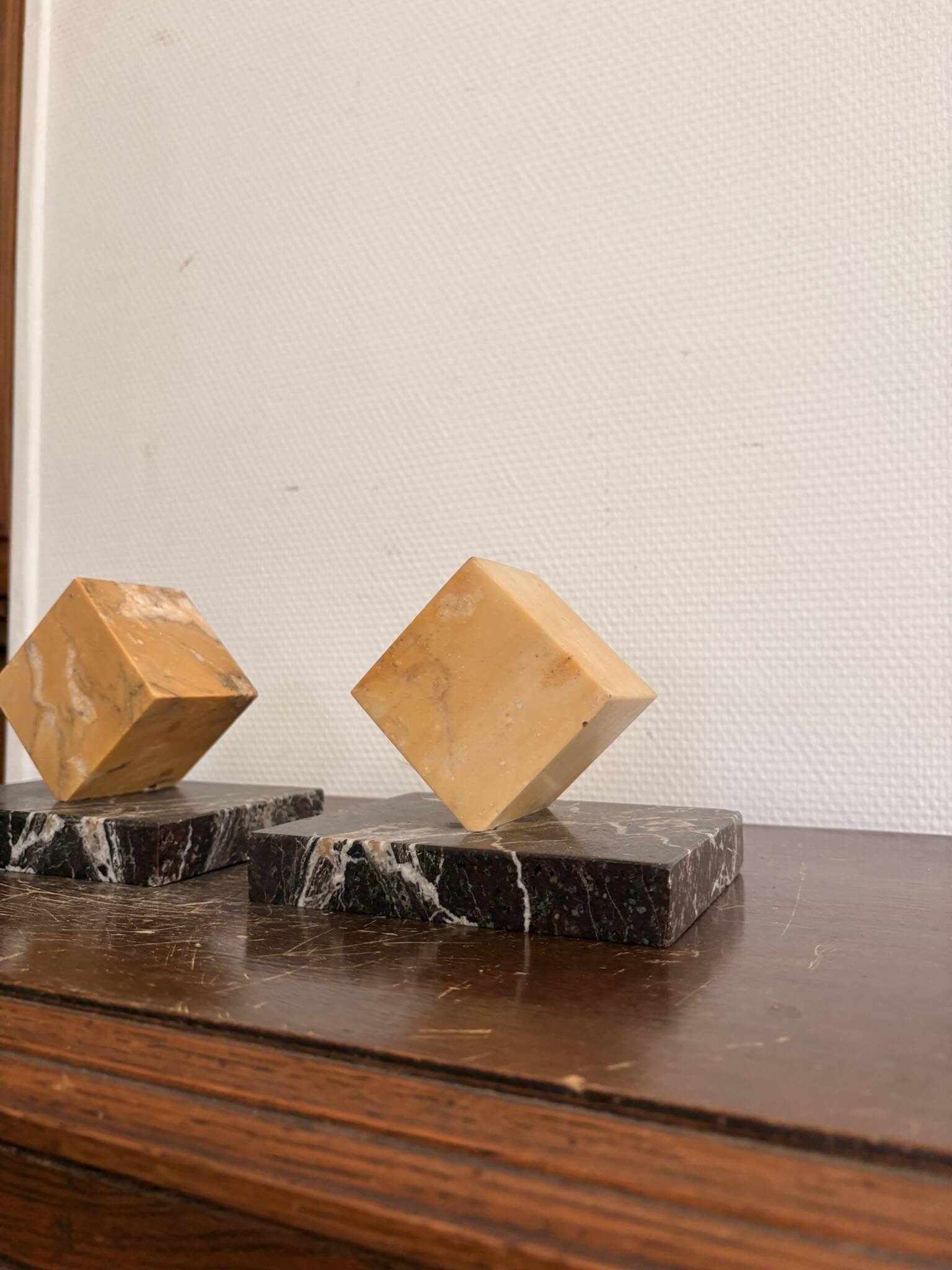 Vintage Pair of Cube Bookends in Yellow Siena Marble Art Deco Circa 1930