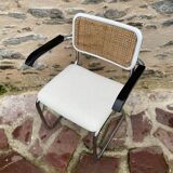 Cantilever armchair in cane and bouclette fabric