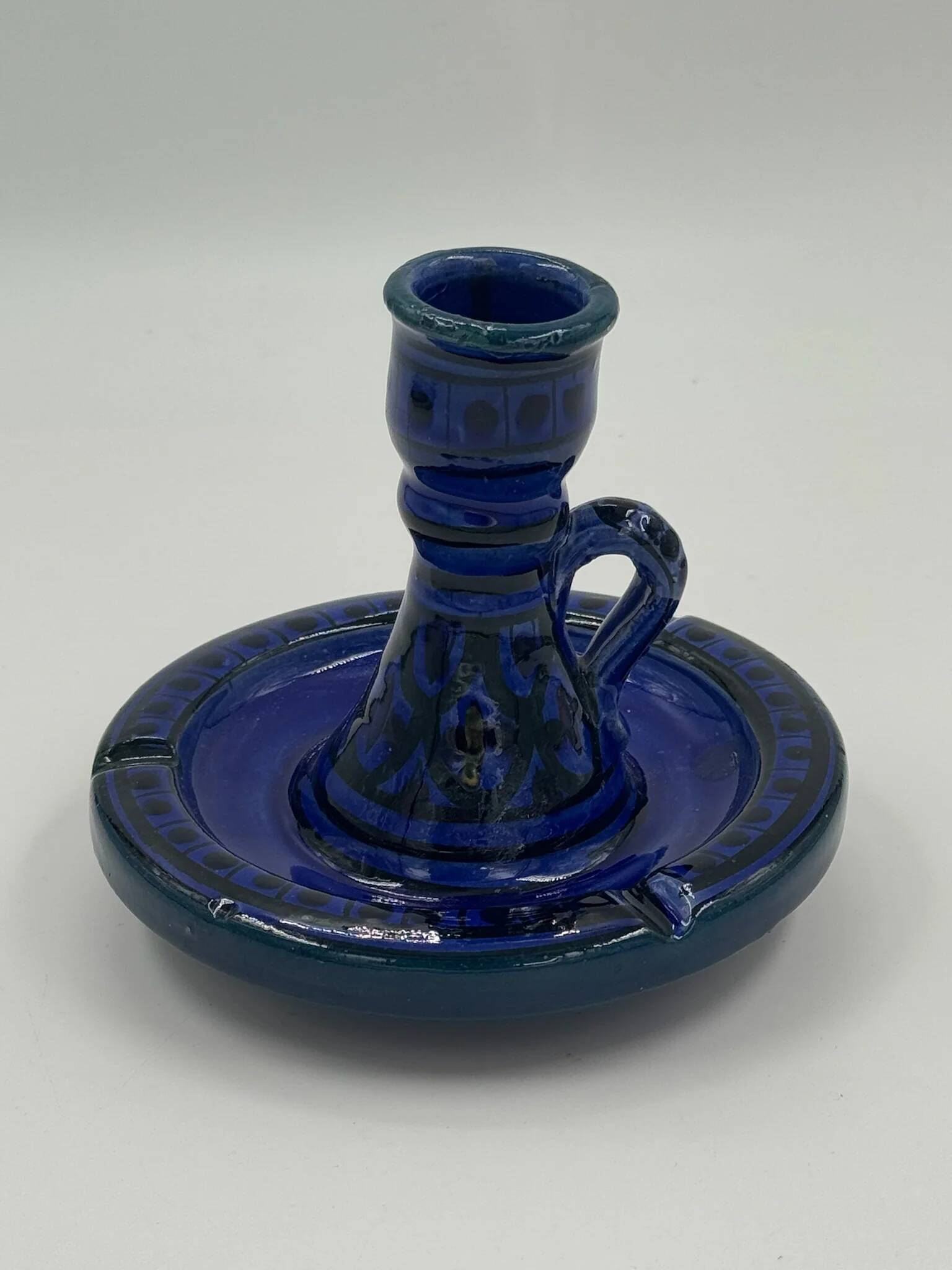 Vintage bedroom candle holder in cobalt blue glazed ceramic