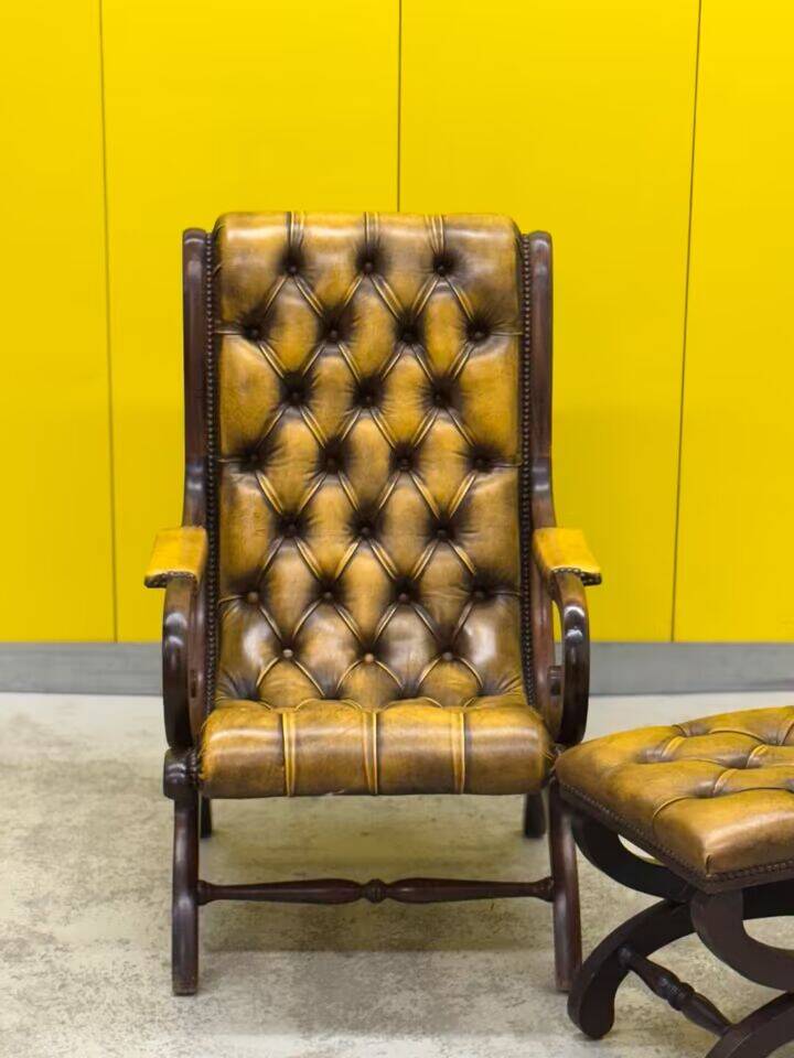 Original English Chesterfield Wingback Chair & Matching Footstool