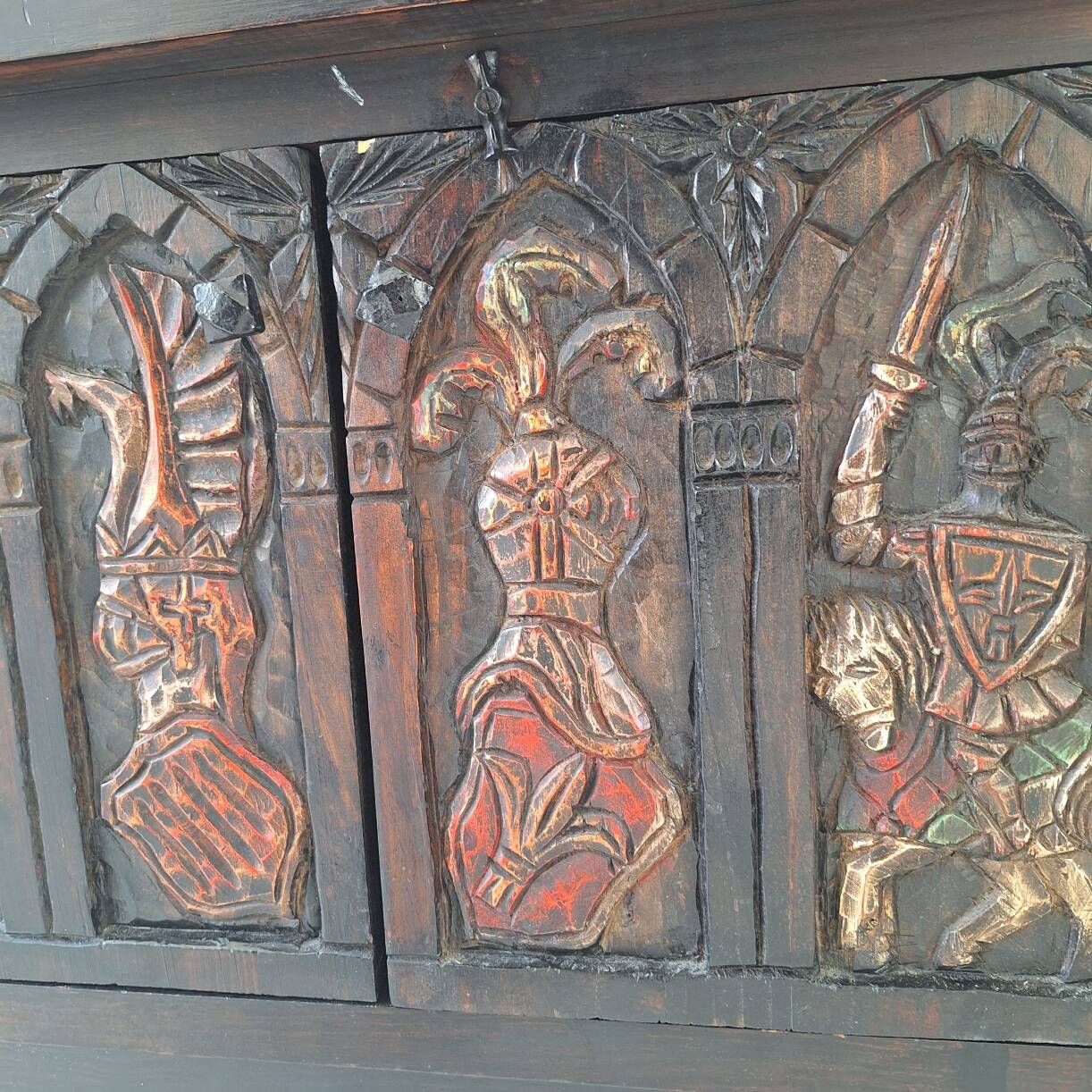 Arts of México Spanish colonial carved  painted console / sideboard, 1940s