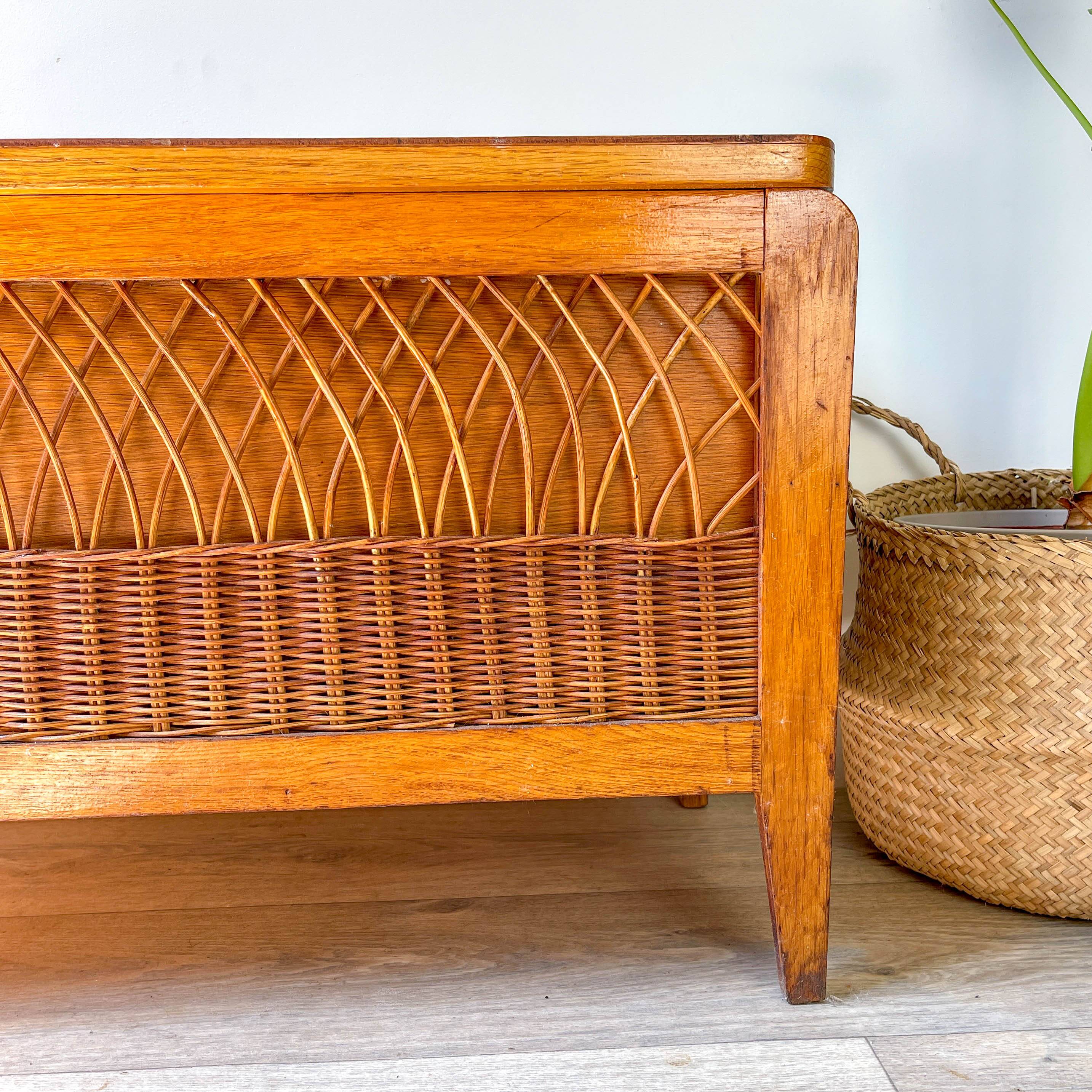 Vintage wooden and rattan storage bench – 1960s – Retro storage bench
