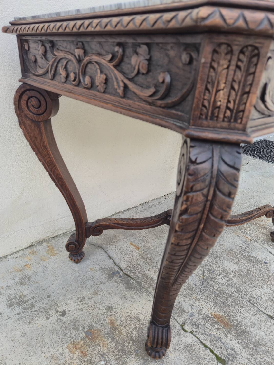 Louis XV style game table in solid oak and richly decorated marble
