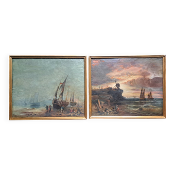 Pair of Impressionist paintings, Oil on canvas 1830, Romantic seascape