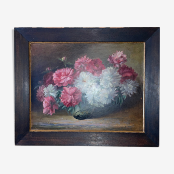 Table oil on still life wood panel with peonies