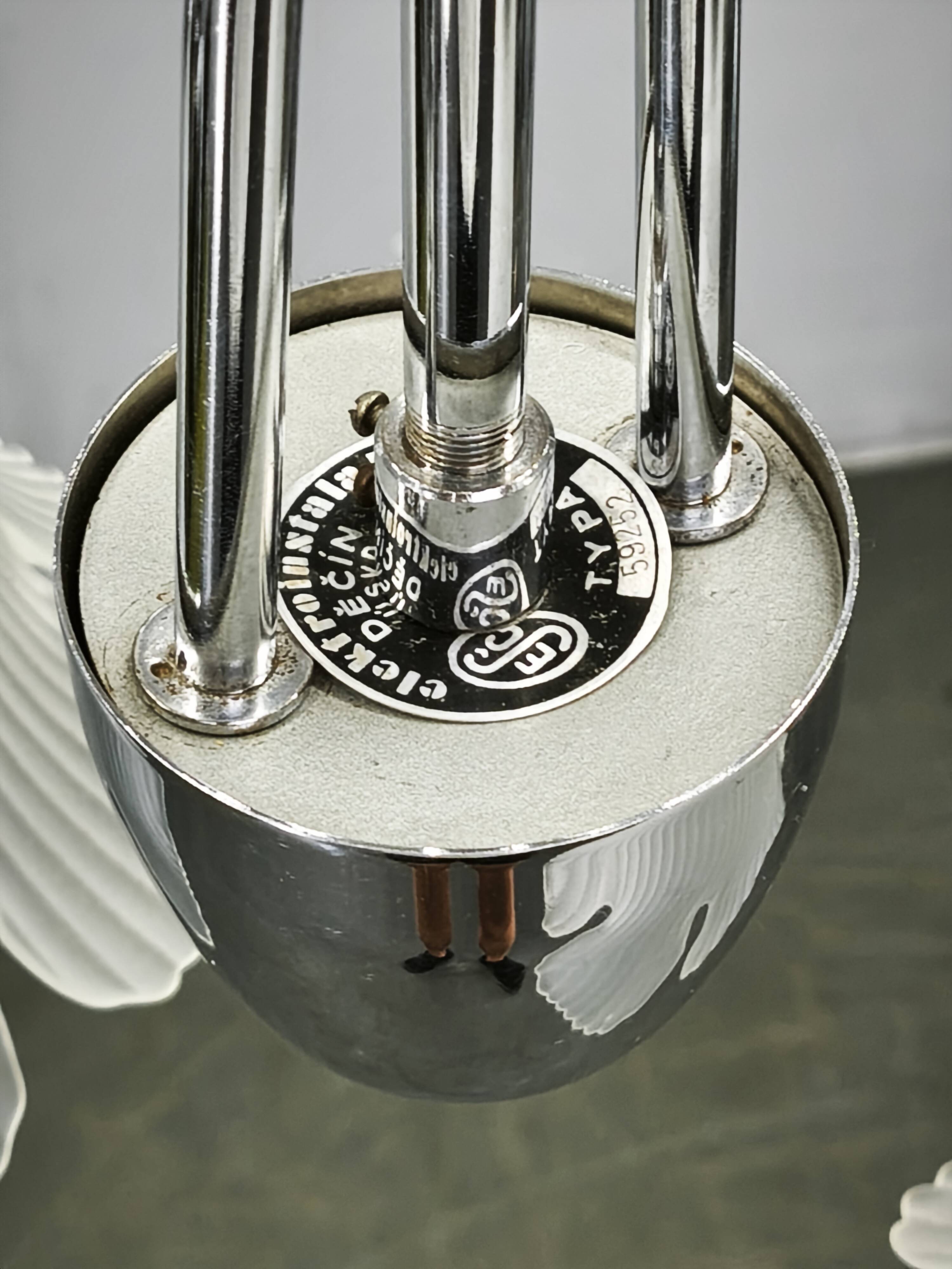 1950s Chrome and Floral Glass Chandelier by Elektroinstala Děčín
