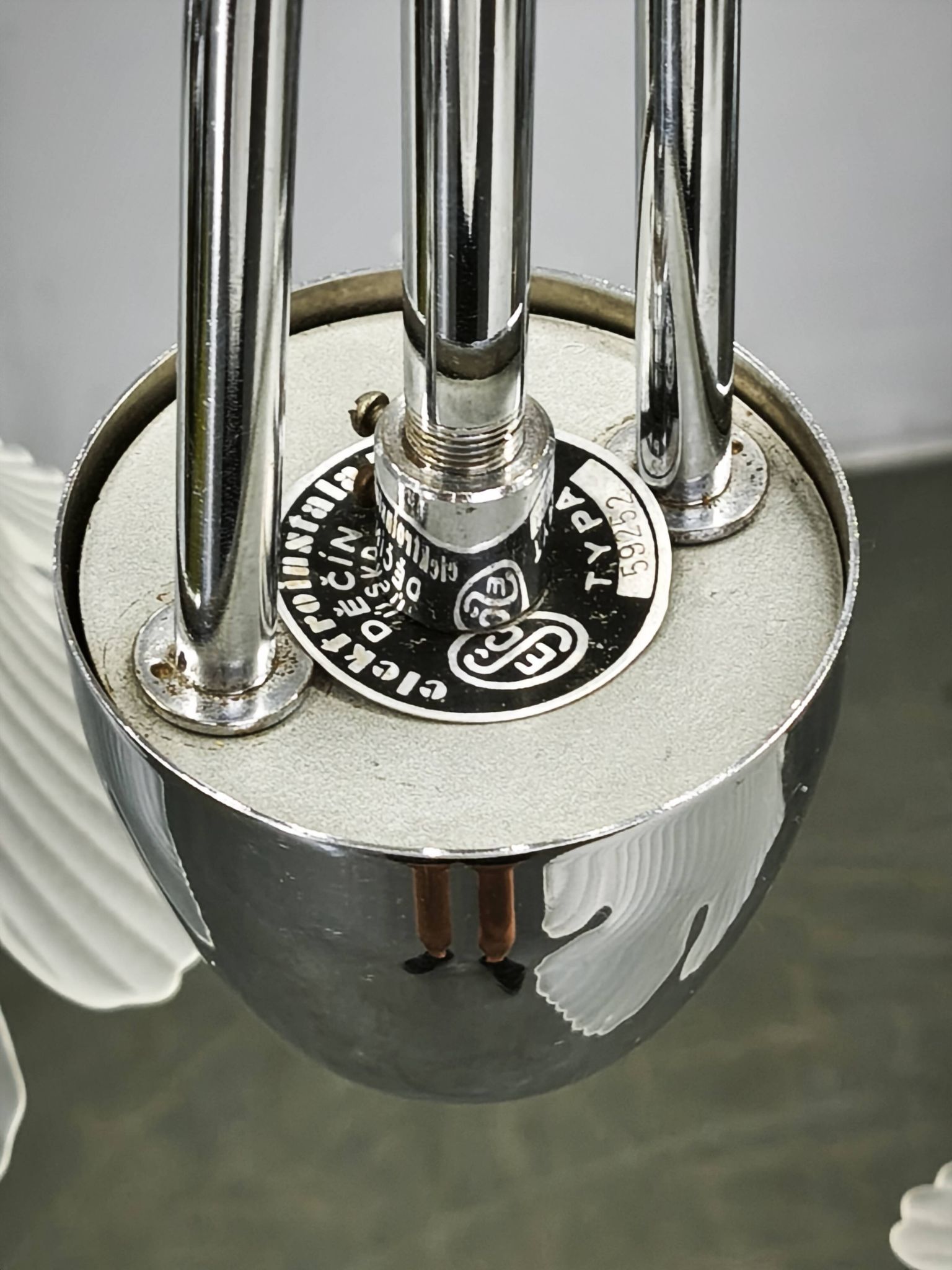 1950s Chrome and Floral Glass Chandelier by Elektroinstala Děčín