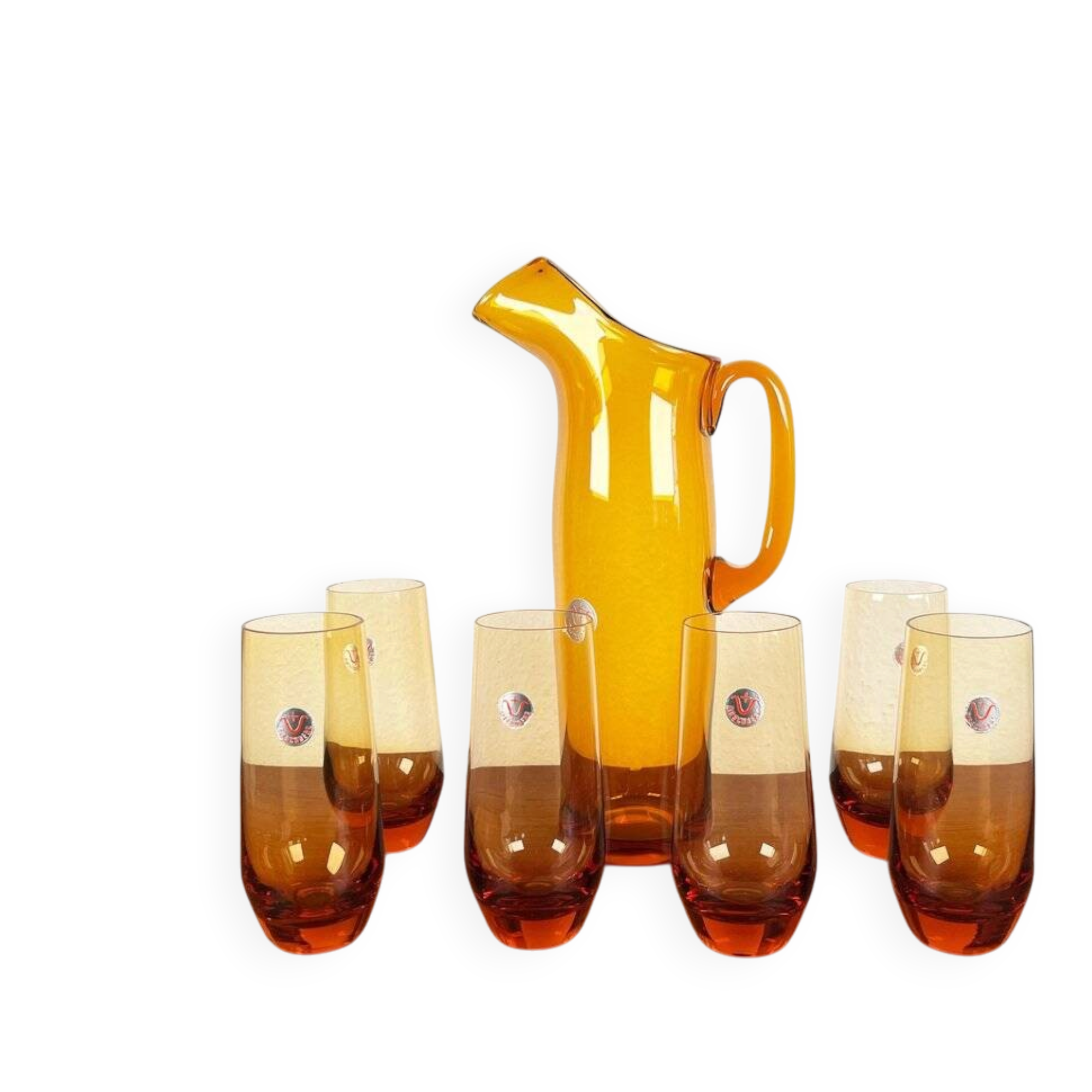 Amber glass carafe from the mid-century German Jagdhaus series and drinking glasses by Wilhelm Braun-Feldweg for Hirschberg, 1960s, set of 7.