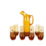 Amber glass carafe from the mid-century German Jagdhaus series and drinking glasses by Wilhelm Braun-Feldweg for Hirschberg, 1960s, set of 7.