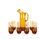Amber glass carafe from the mid-century German Jagdhaus series and drinking glasses by Wilhelm Braun-Feldweg for Hirschberg, 1960s, set of 7.