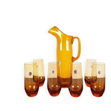 Amber glass carafe from the mid-century German Jagdhaus series and drinking glasses by Wilhelm Braun-Feldweg for Hirschberg, 1960s, set of 7.