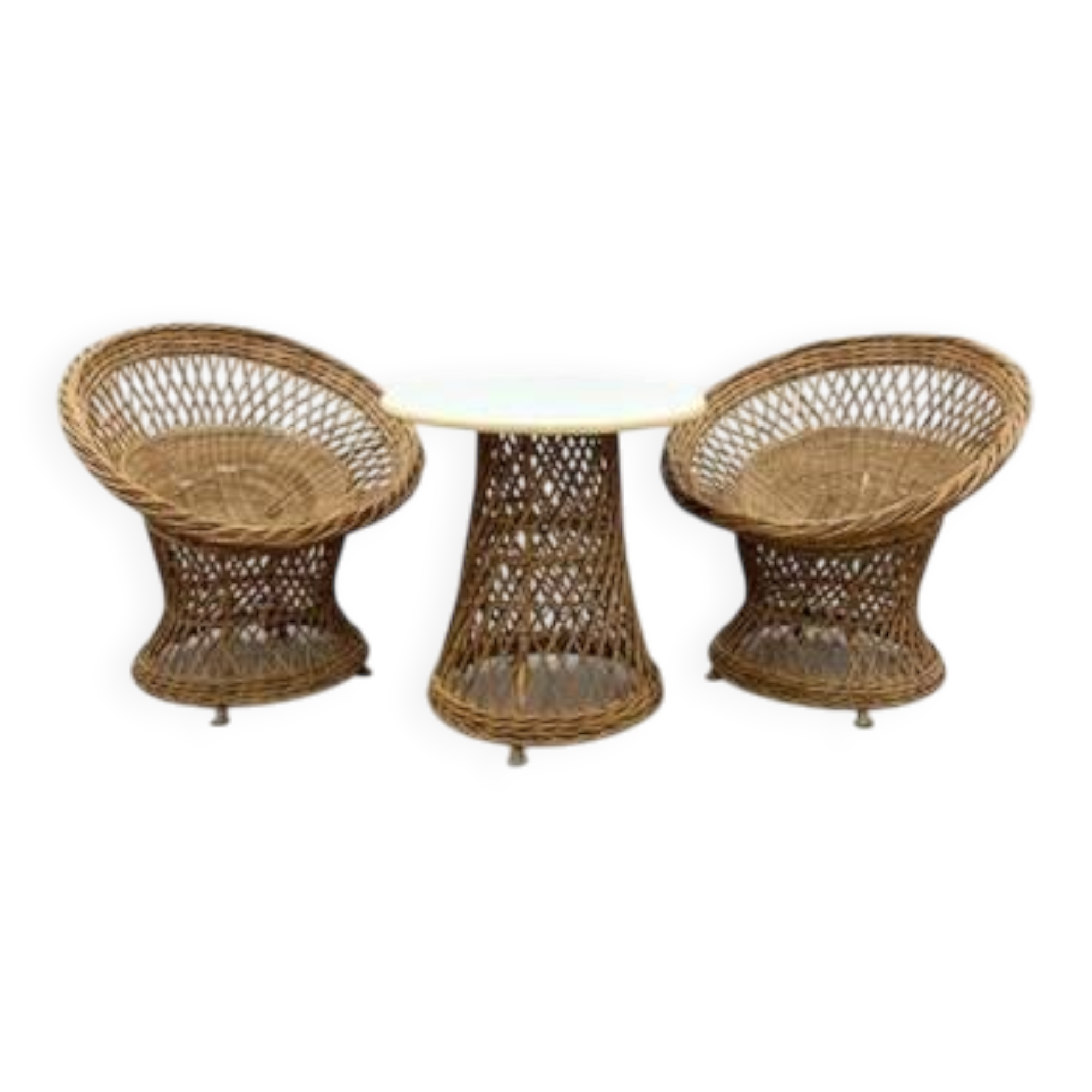 Ensemble fauteuils et table en rotin style rétro vintage des années 1960