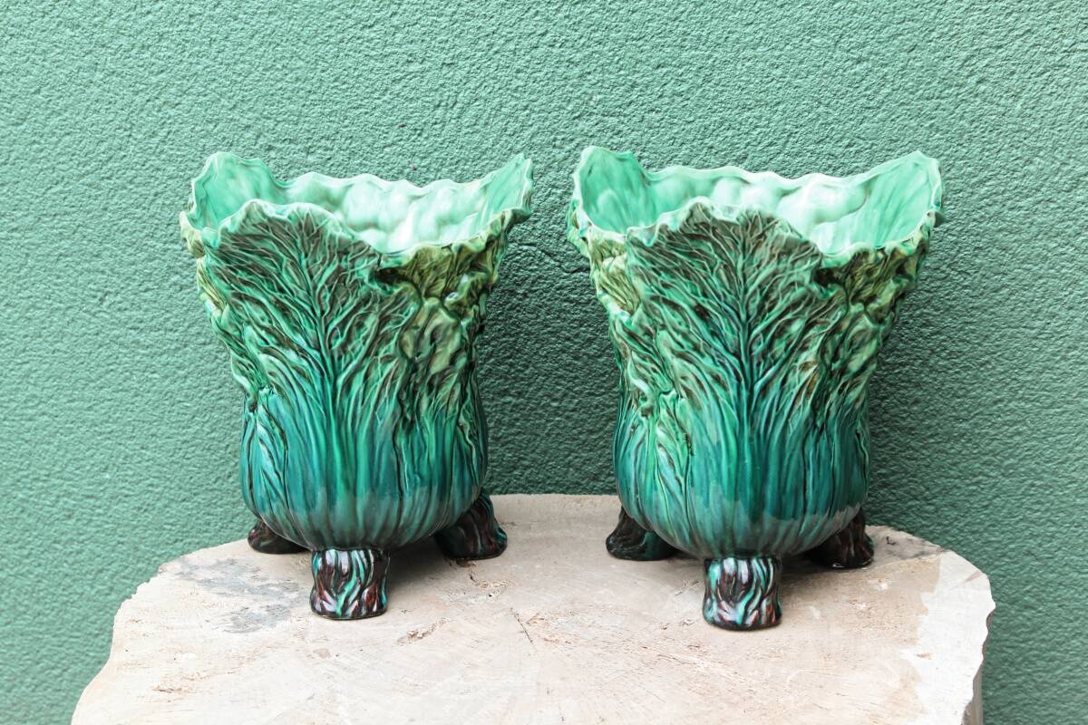 Pair of slip pot covers, cabbage leaves