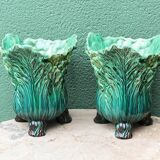 Pair of slip pot covers, cabbage leaves