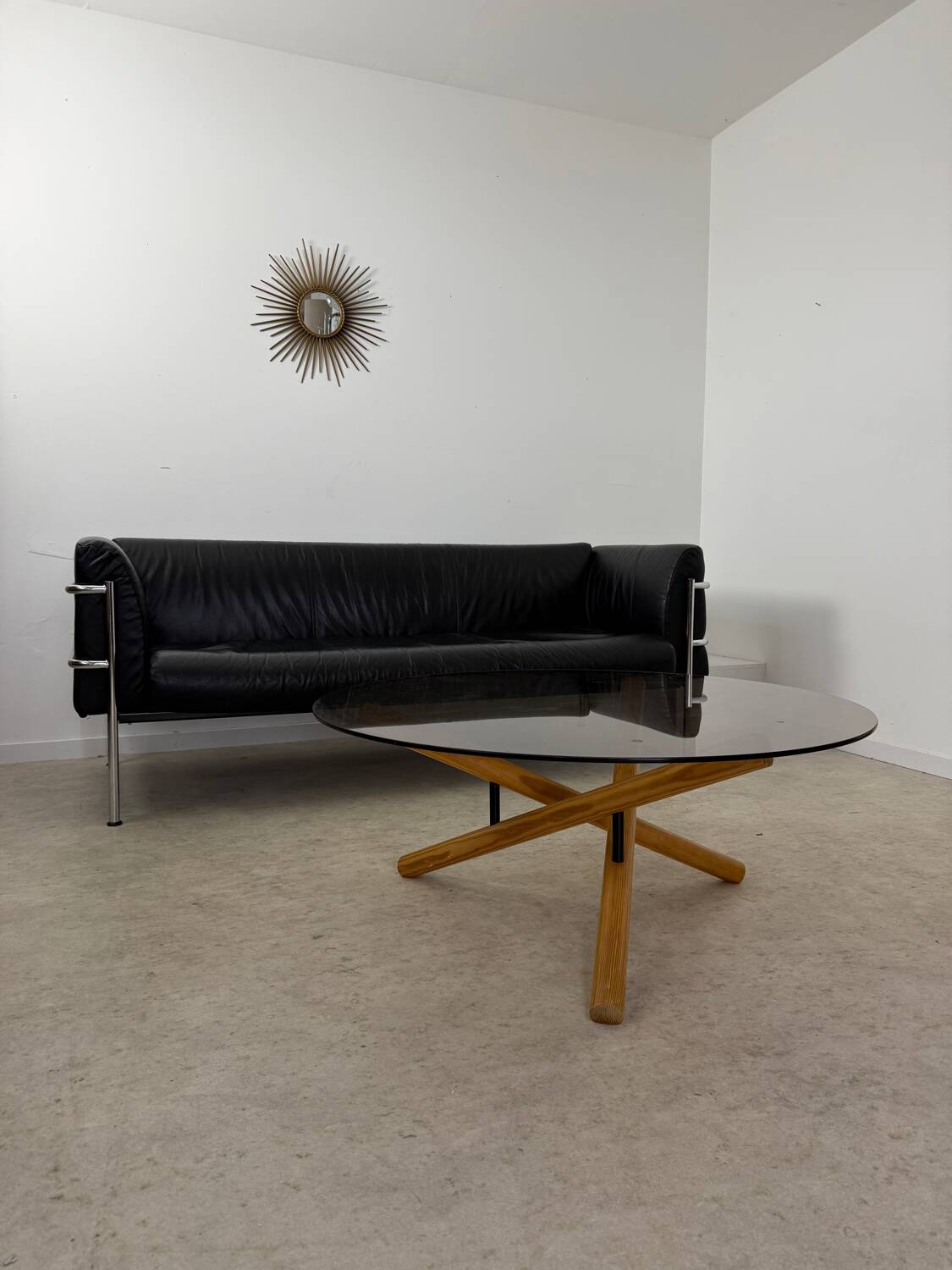 Old 3-seater sofa in tubular and black leather by Kébé, Denmark 1970s