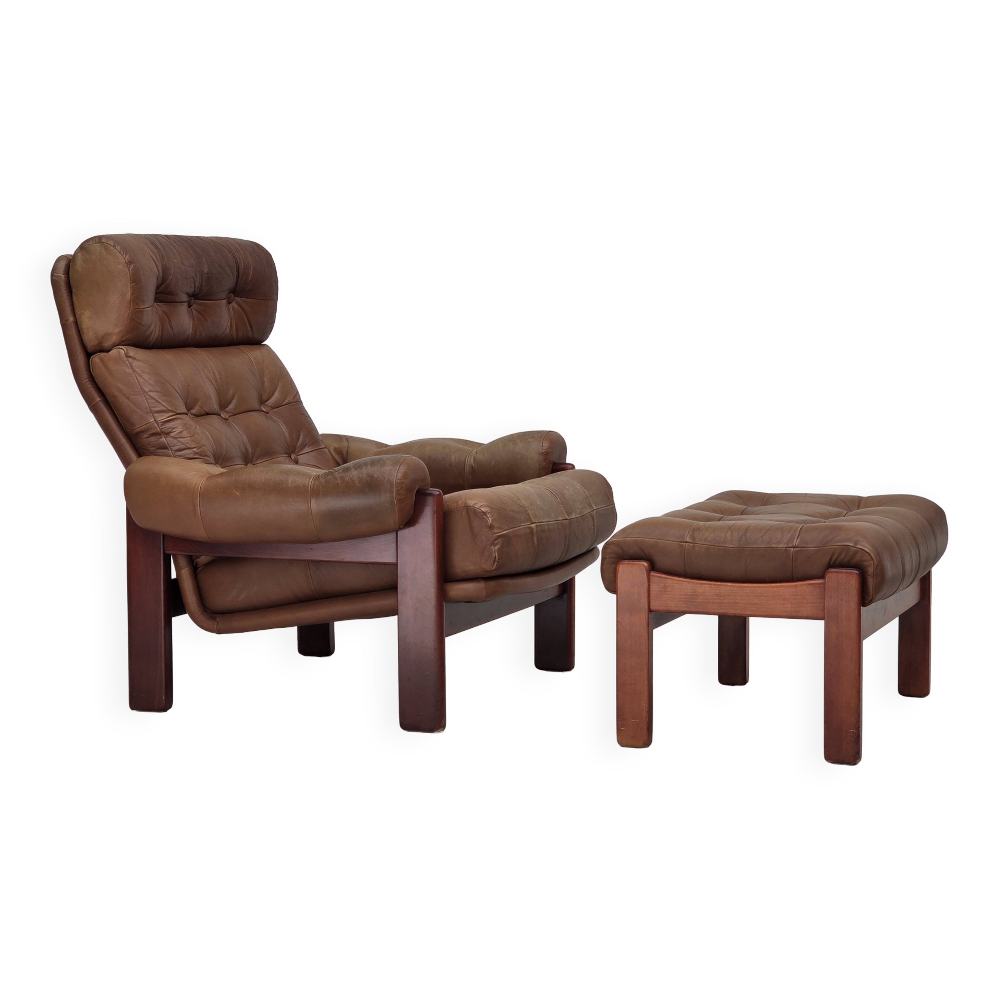 1970s, Swedish design, armchair with footstool, furniture leather.