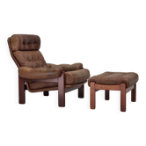 1970s, Swedish design, armchair with footstool, furniture leather.