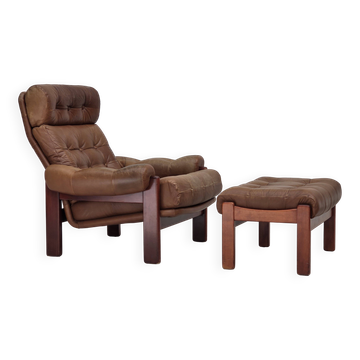 1970s, Swedish design, armchair with footstool, furniture leather.