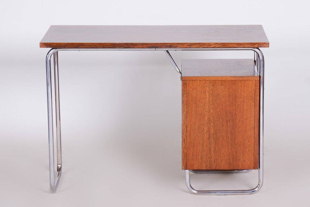 Bauhaus Writing Desk in Oak and Chrome by R. Slezák, Czech, 1930s