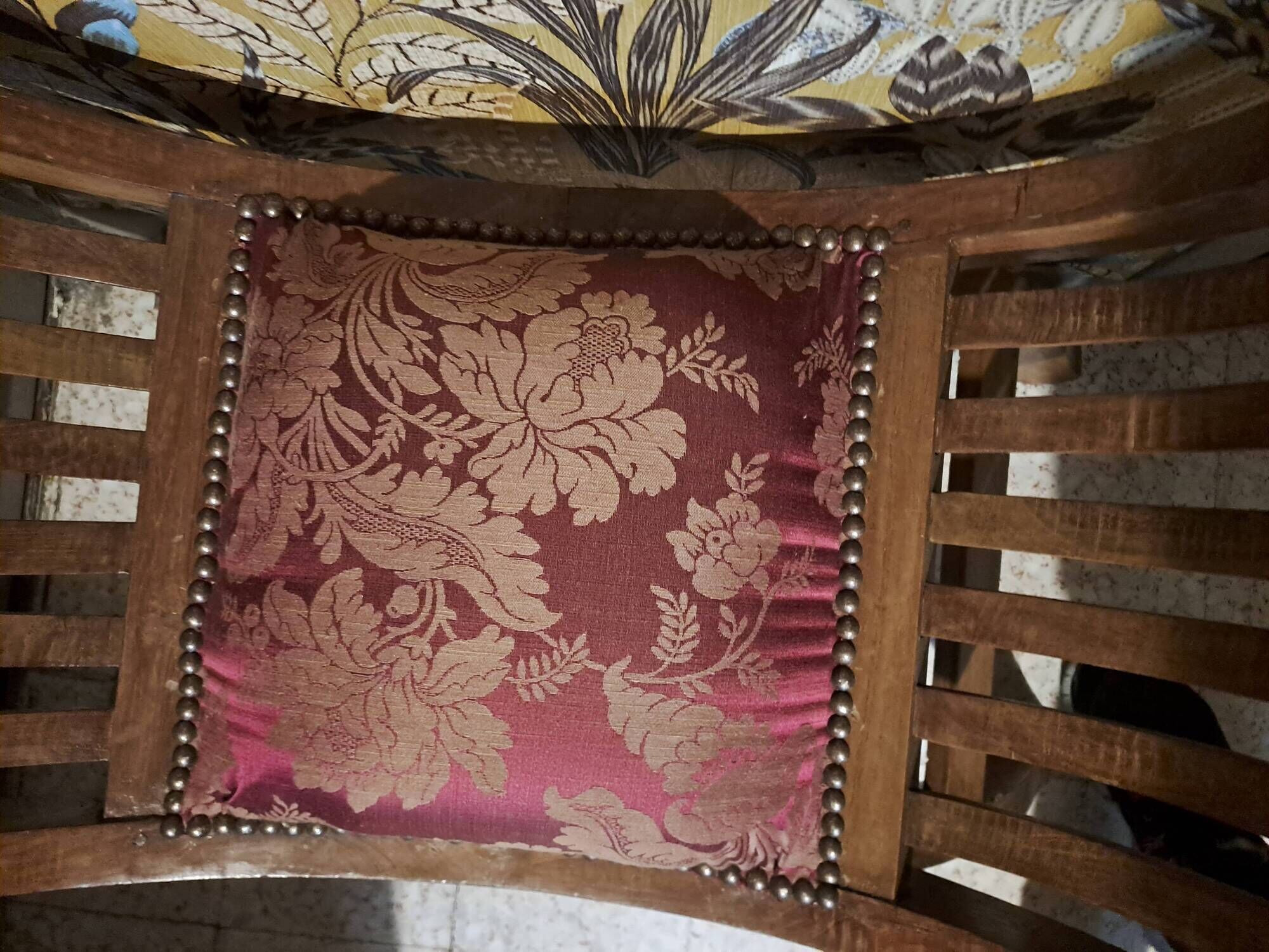 CURULE seat in antique Roman style, restored in teak wood and jacquard satin fabric