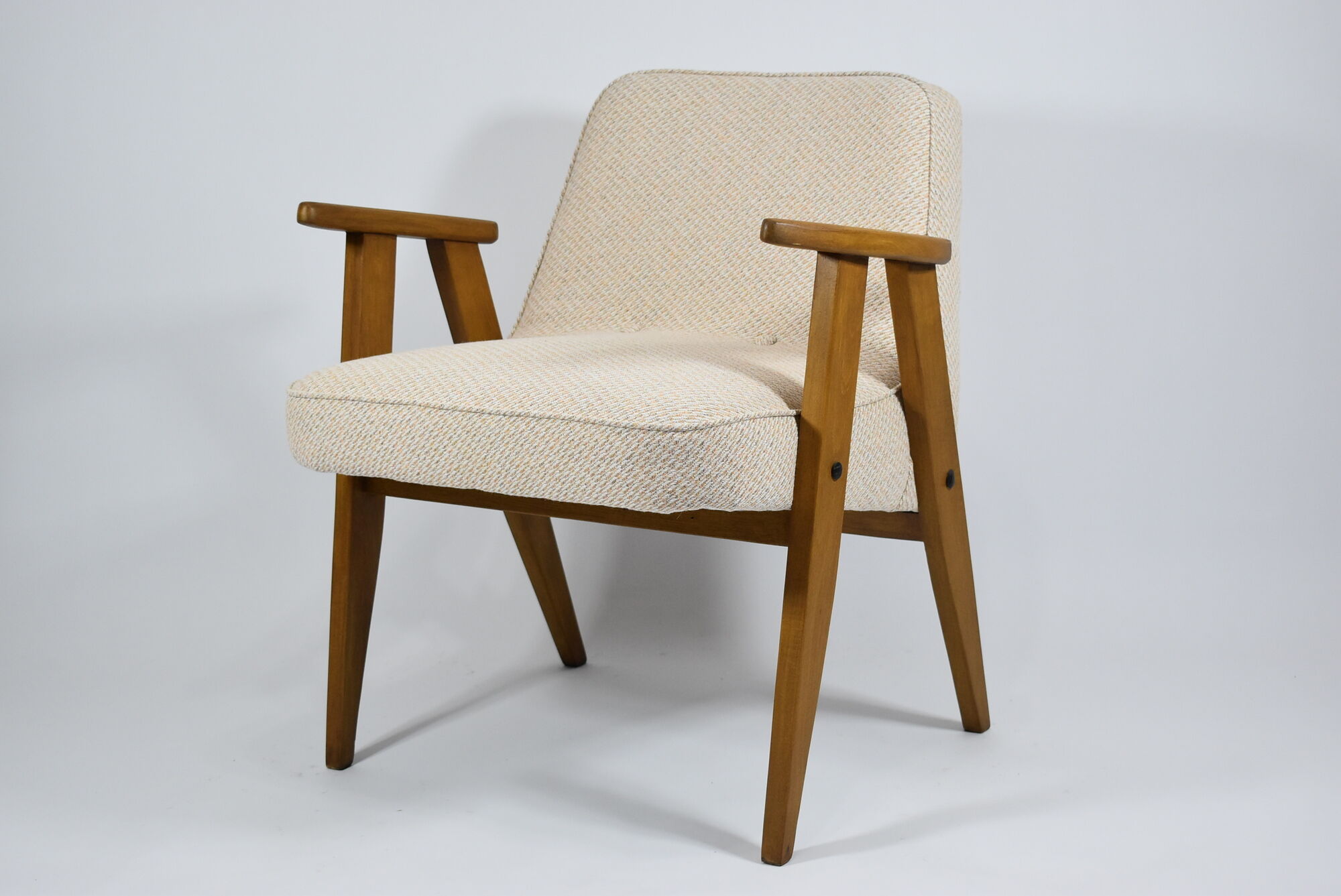 Armchair, model 366, 1960s, cream fabric, teak wood