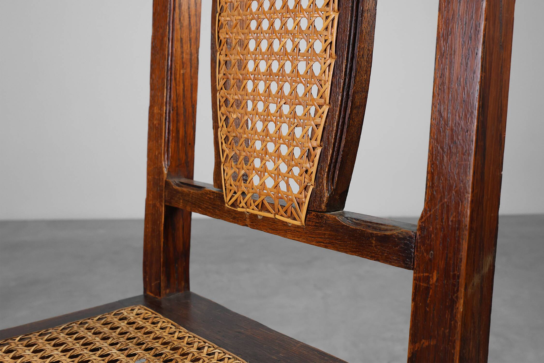 Chaise en bois et rotin française antique, vers 1900