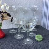 9 coupes à champagne en cristal art déco, gravé à l'acide