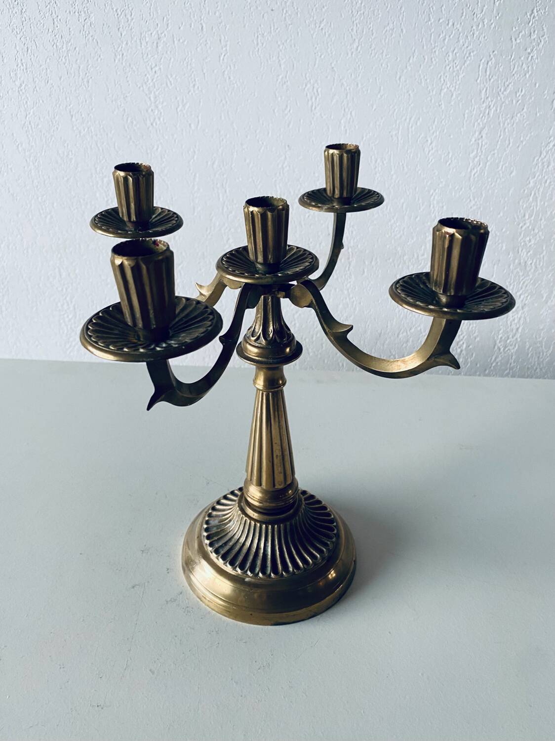 Five-branched brass candelabra