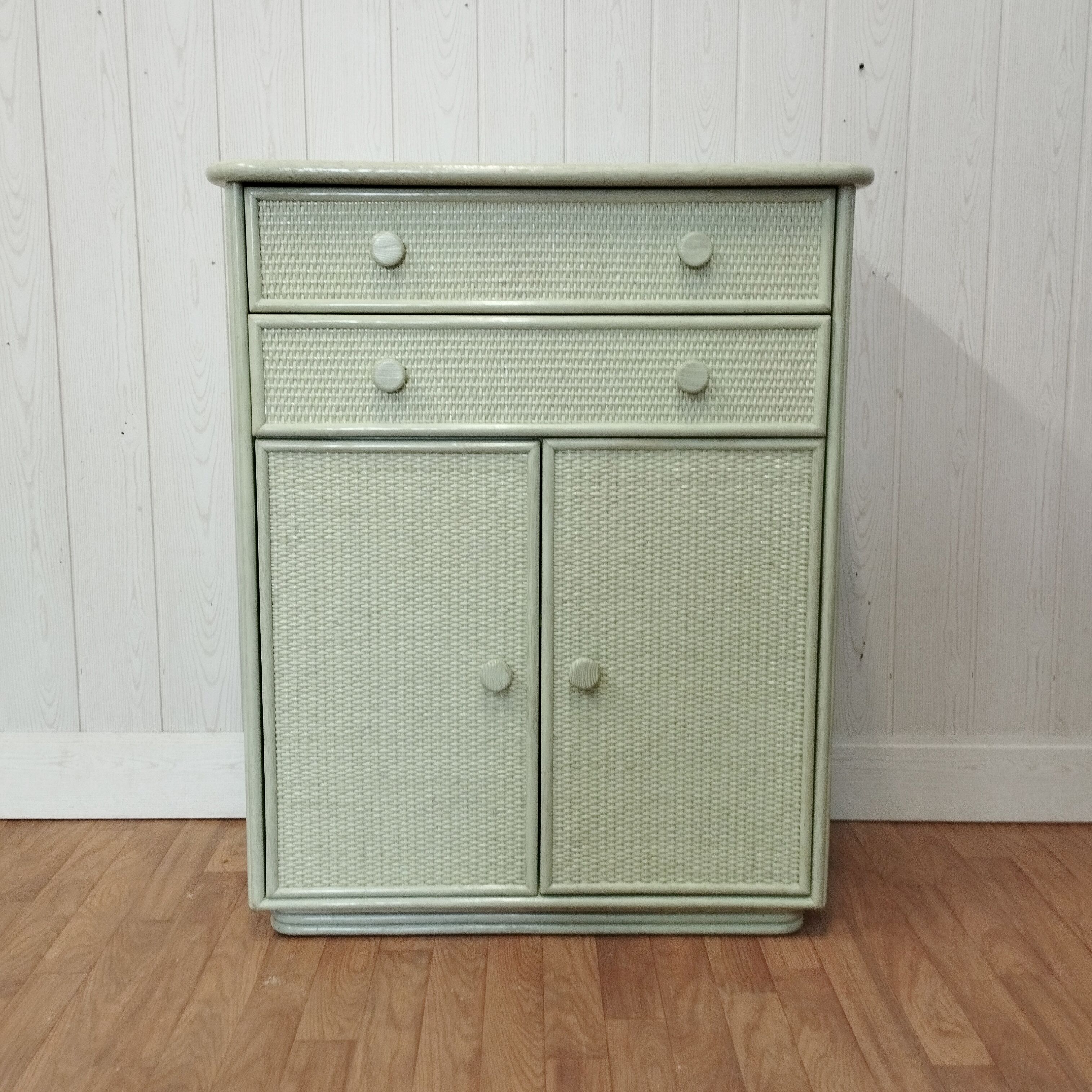 Vintage rattan woven and solid wood sideboard