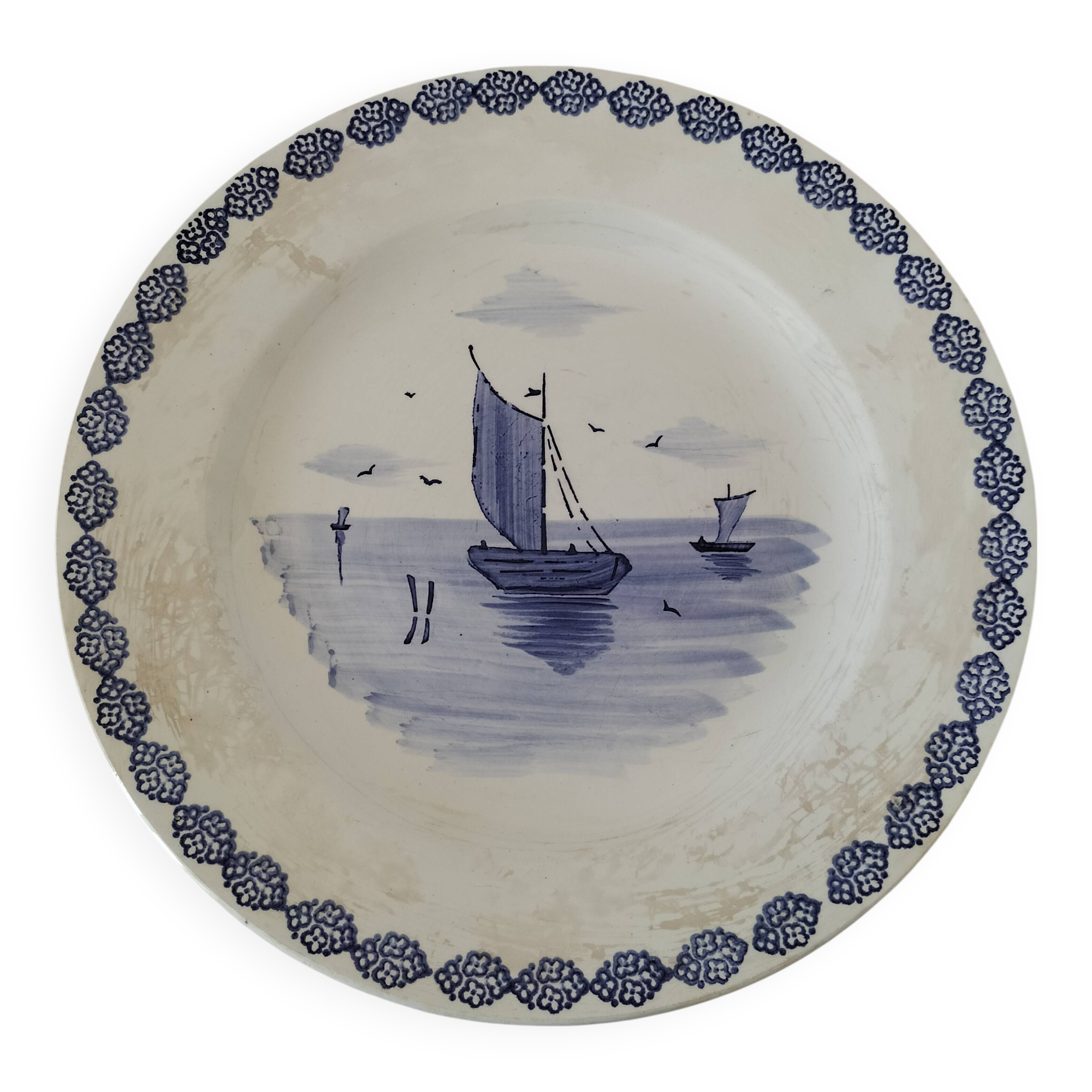 Large antique dish with sailboat decoration – signed A. Lebacqz & M. Bouchart