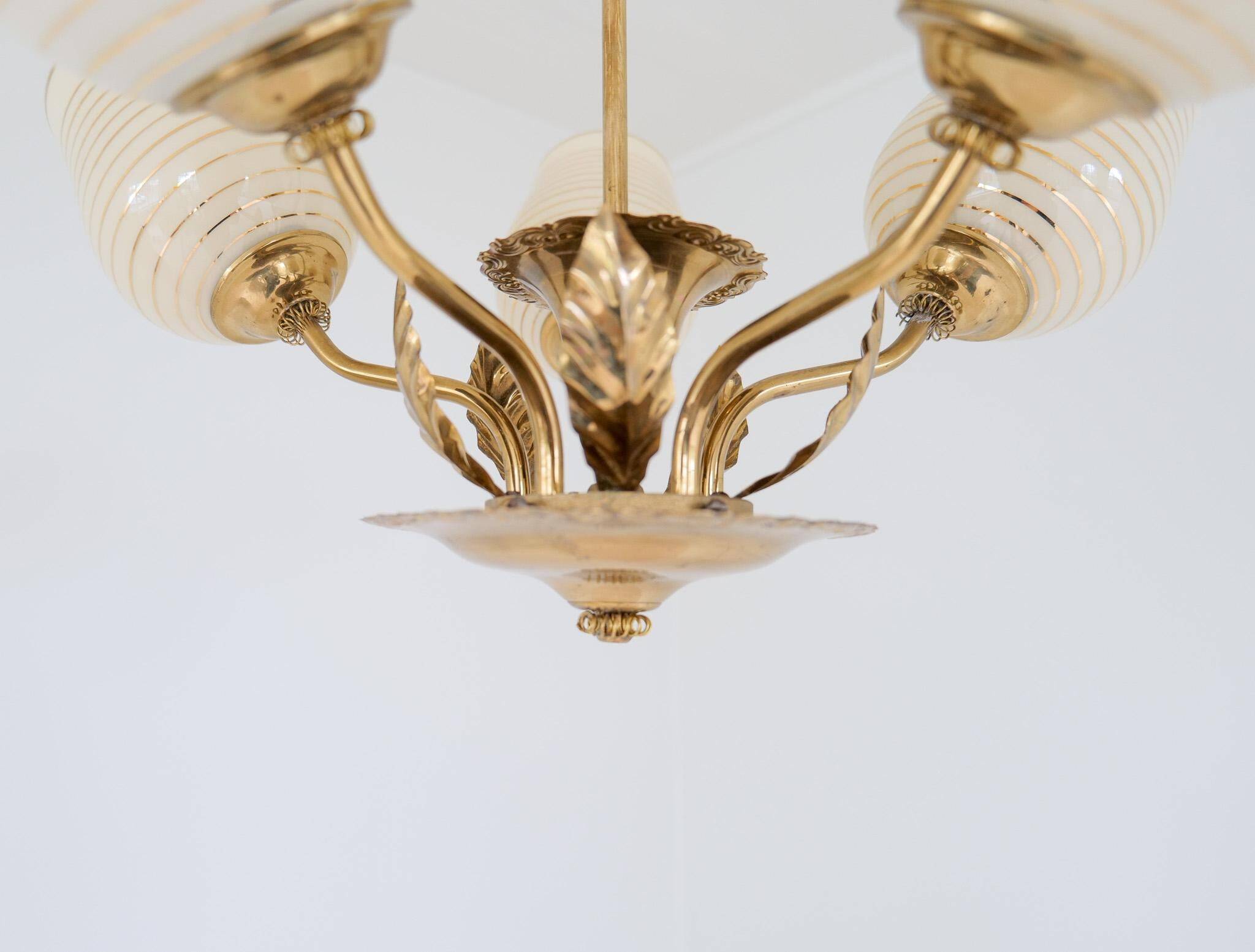 Mid-century brass and glass pendant light by Sario, Finland, 1950s.