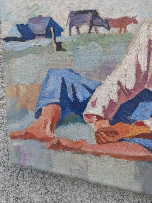 Oil on canvas, painting of young men.