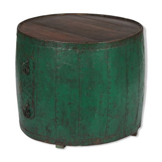 Coffee Table Green Round Metal Canister & Teak Wood Top 56x56x49cm