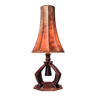 Modernist leather and oak table lamp, Netherlands 1930s